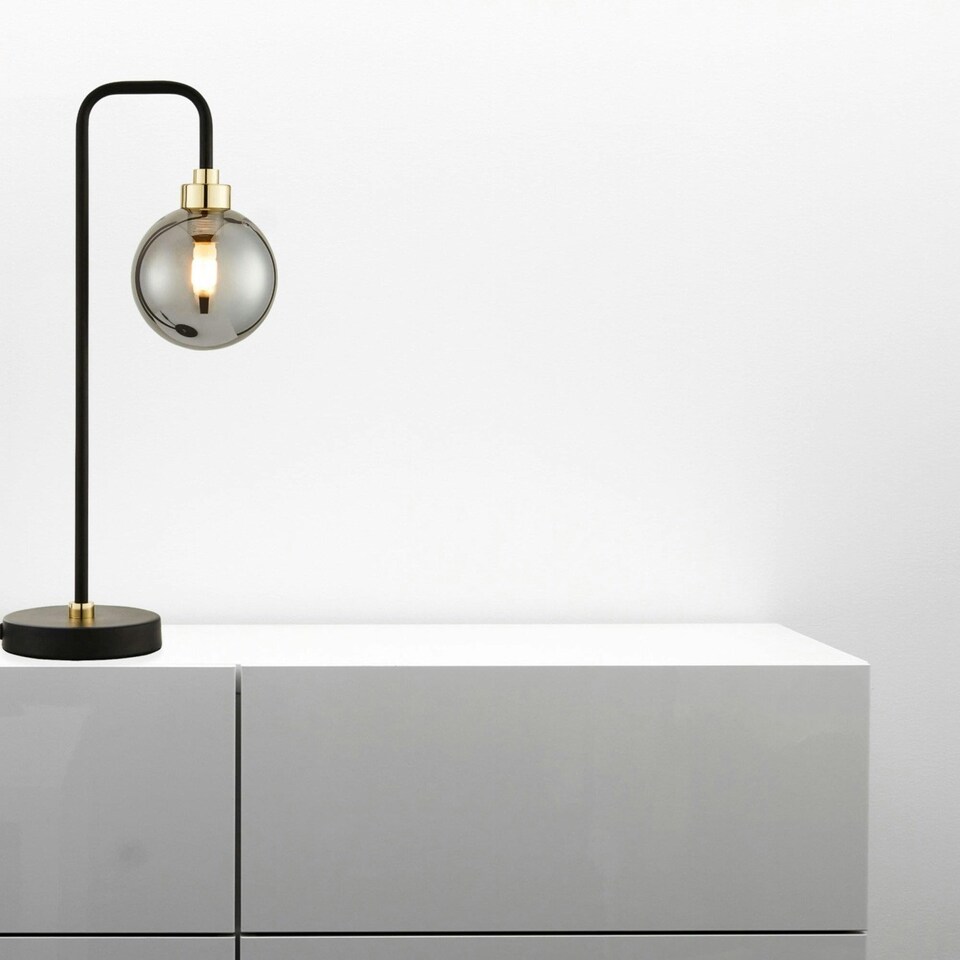 image 1 of First Choice Lighting Set of 2 Matt Black and Smoked Glass Table Lights Black | Grey