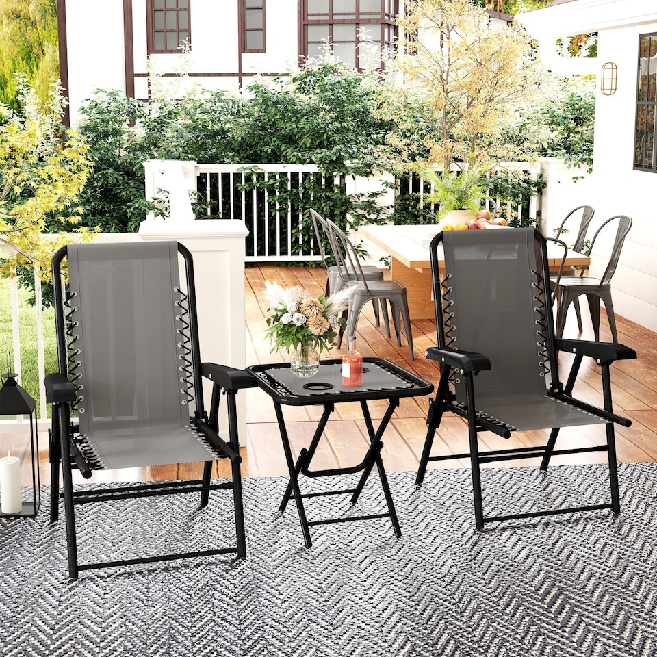 image 1 of Outsunny 3 Pieces Folding Garden Bistro Set with Cup Holders, Dark Grey