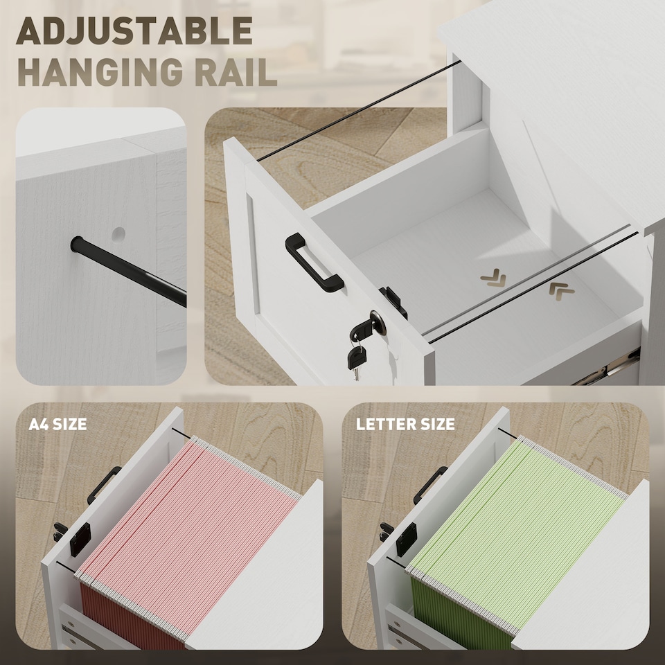 image 1 of HOMCOM 3 Drawer File Cabinet with Lock, Vertical Filing Cabinet with Adjustable Hanging Bars for A4 and Letter Size File Folders, Printer Stand with Storage, White | White | White