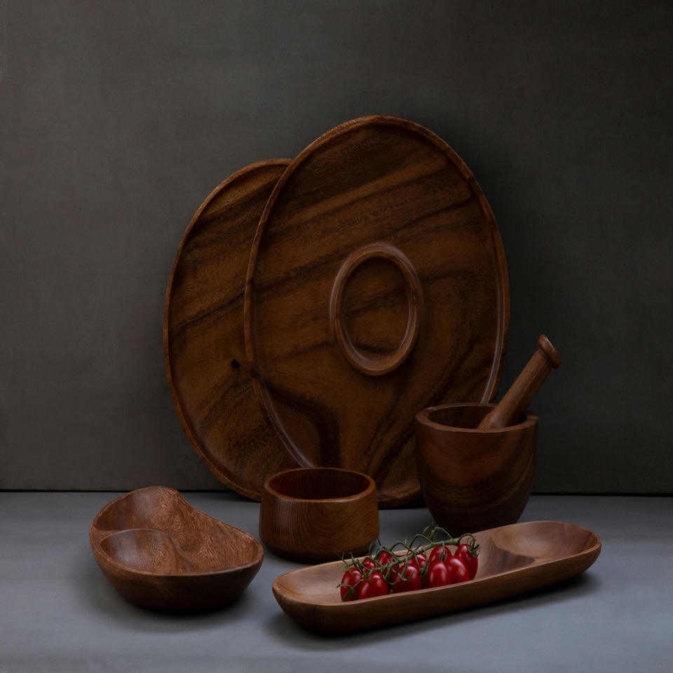 image 1 of Interiors by Premier Acacia Two Section Bean Shaped Dish, Hand Carved Wooden Divided Serving Tray, Rustic Wooden Snack Platter