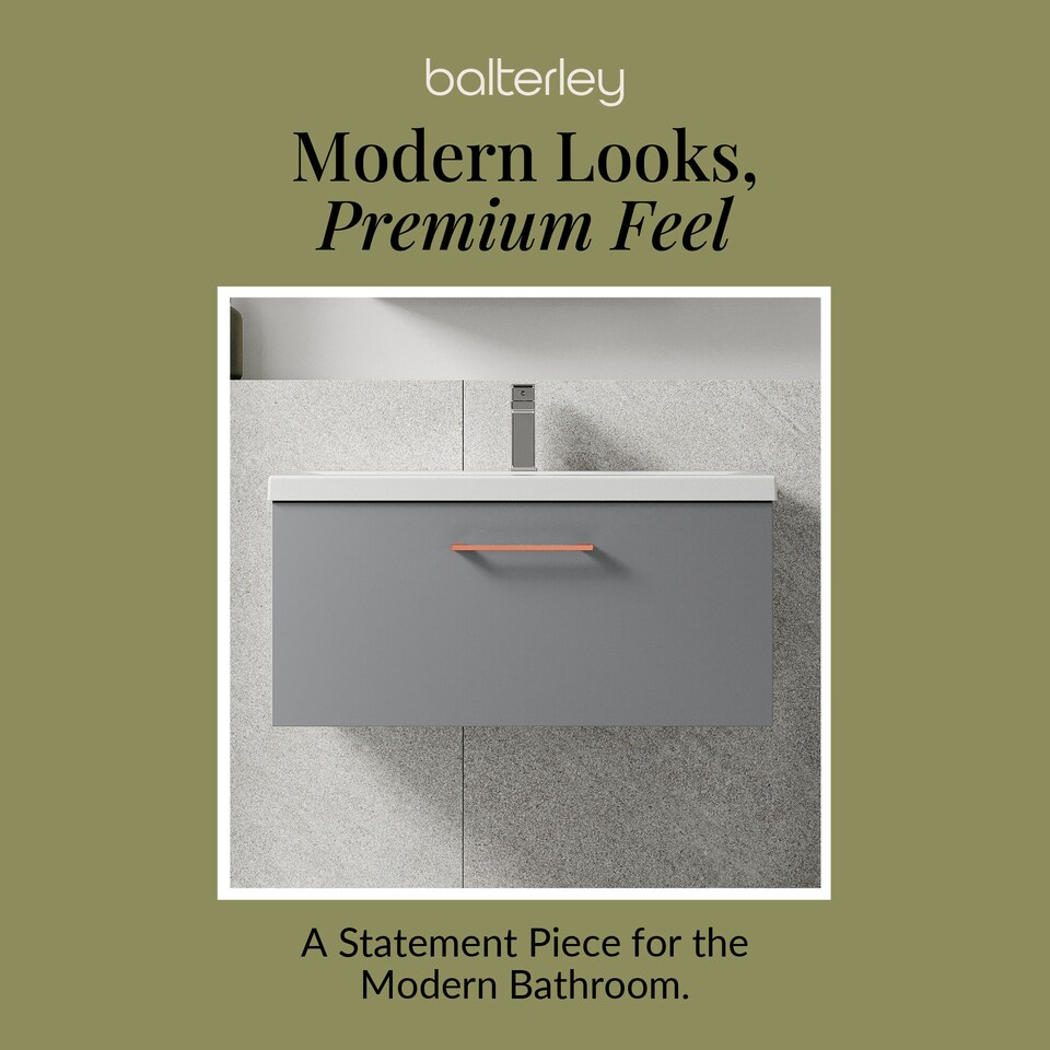 image 1 of 800mm Wall Hung 1 Drawer Vanity Basin Unit, Satin Grey, Copper Handle | Grey | Satin Grey | 399 x 810 x 390mm