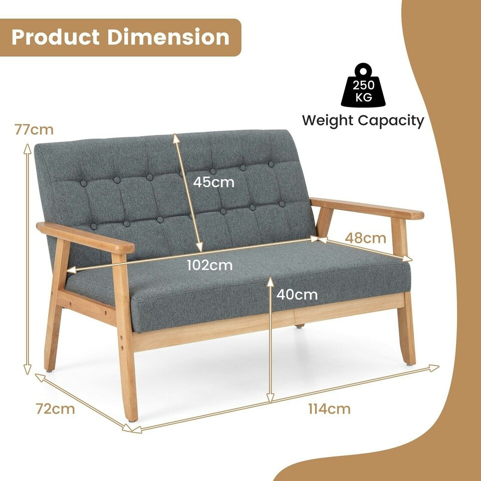 image 1 of COSTWAY Wooden 2-Seater Loveseat Upholstered Lounge Chair Grey