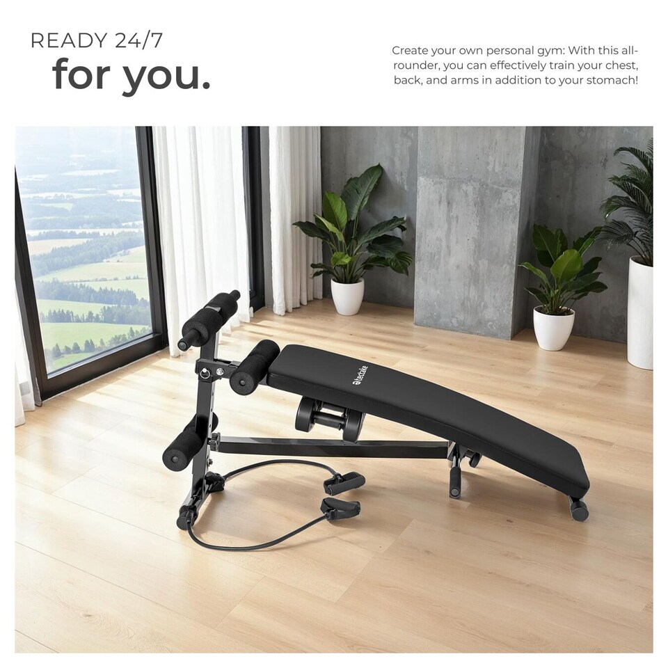 image 1 of Sit-Up Bench Cuttler - 6 positions, padded leg brace, foldable, inc. 2 dumbbells and elastic bands