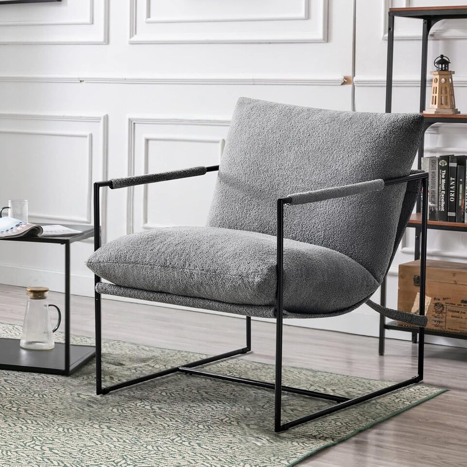 image 1 of Boucle Fabric Lounge Chair with Metal Frame Upholstered Accent chair Luca Grey