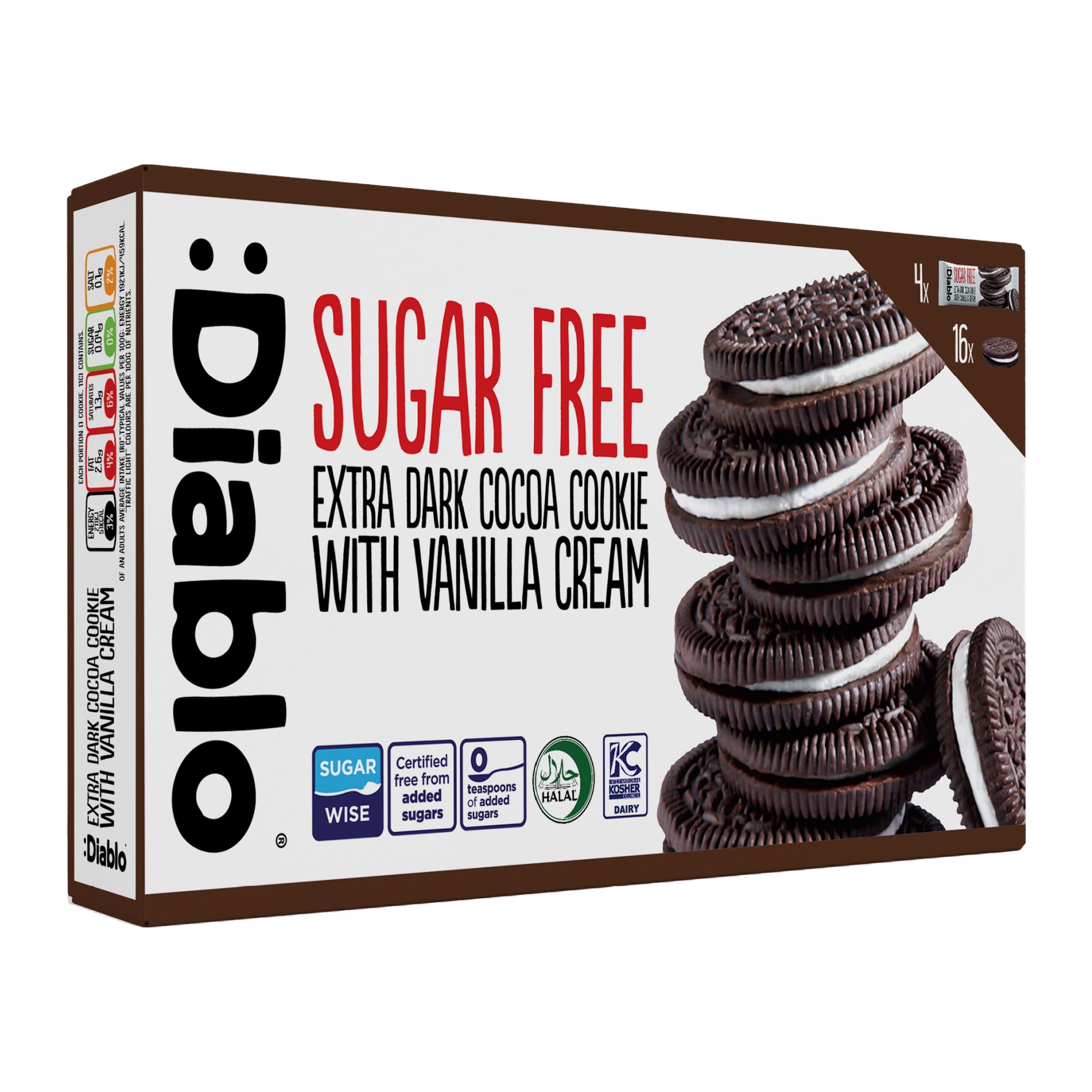 Diablo Sugar Free Dark Cocoa and Vanilla Cream Cookies 176g
