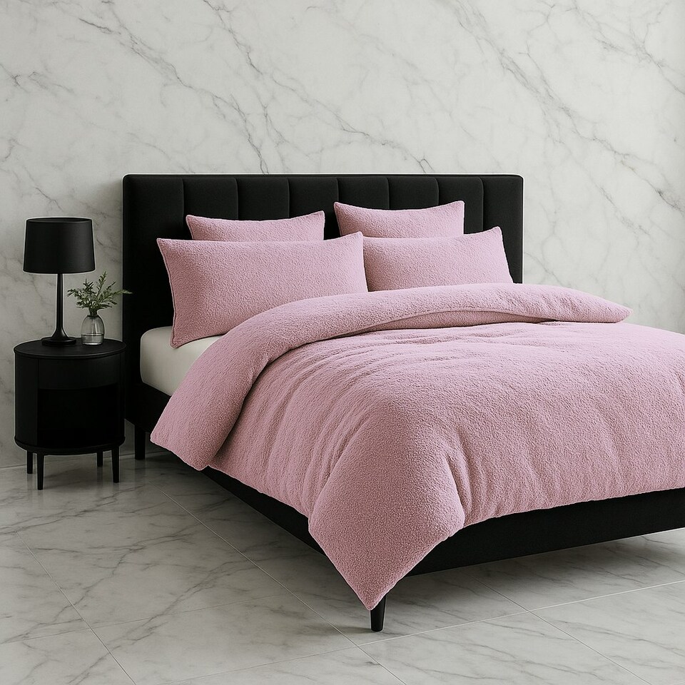 image 1 of Teddy Bear Fleece Soft Cosy Duvet Cover + Pillow Case Set Pink | Single