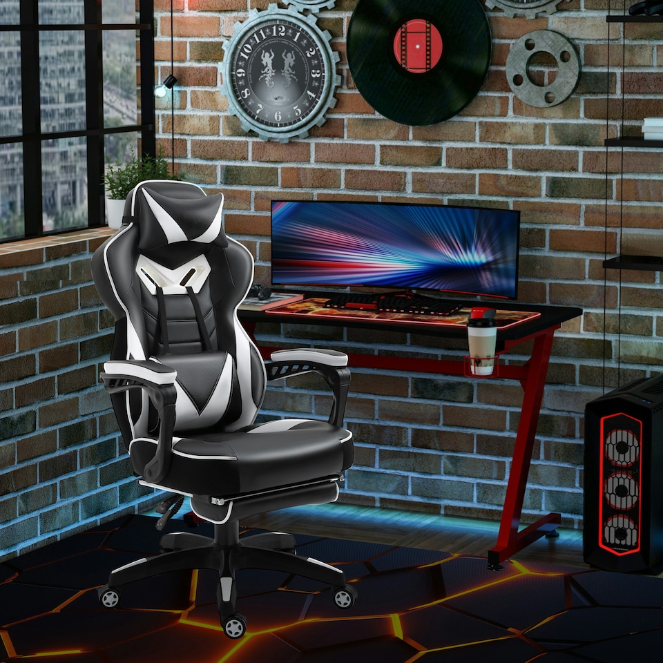 image 1 of Vinsetto Gaming Chair Ergonomic Reclining Manual Footrest Wheels Stylish White