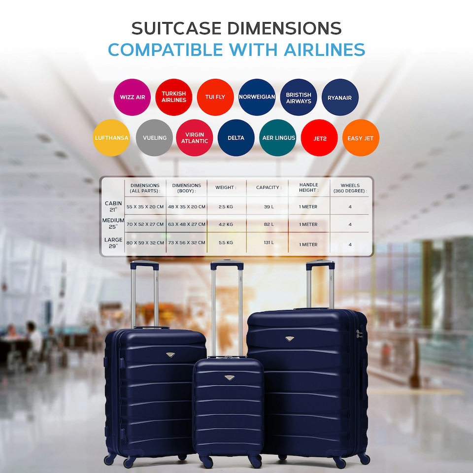 image 1 of Flight Knight Set of 3 Lightweight 4 Wheel ABS Hard Case Suitcases Cabin & Hold Luggage, 100+ Airlines Approved - easyJet, British Airways, Ryanair, Jet2 Blue | Navy