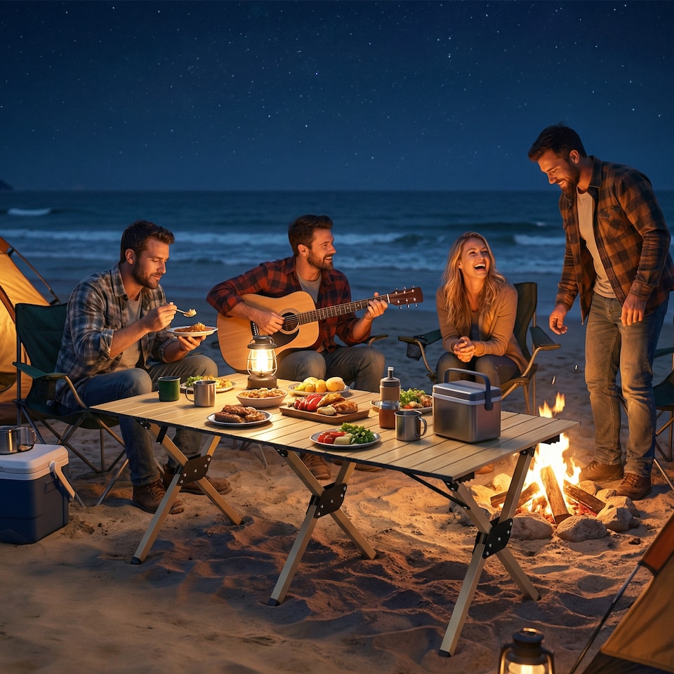 image 1 of Outsunny 4ft Folding Camping Table, Picnic Table with Roll Up Top, Brown | Brown | Dark Brown | 116 x 59 x 43 cm