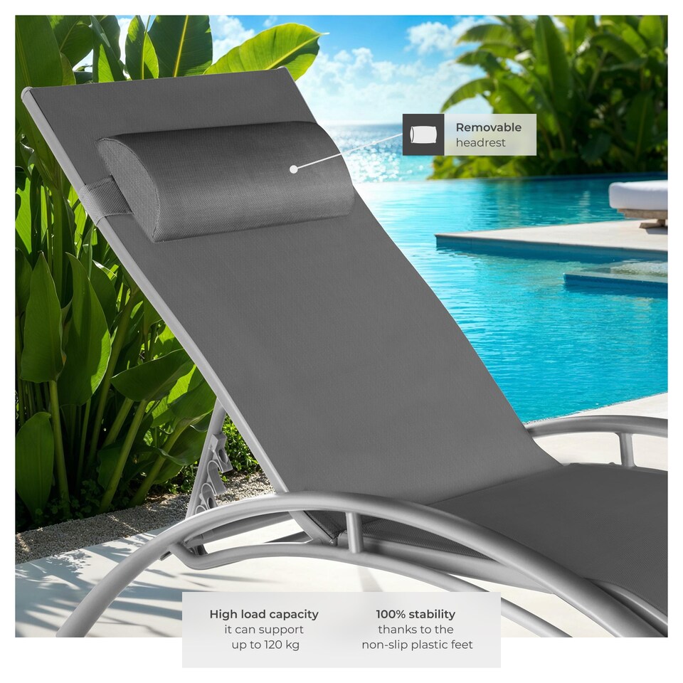 image 1 of Sun Lounger Set of 2 Alina - 5-step backrest, head cushion, aluminium frame | Grey | grey | 2