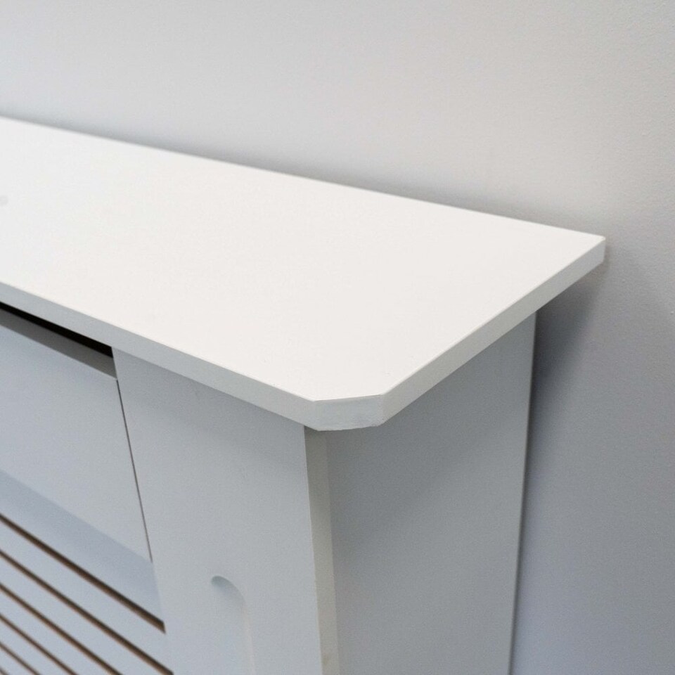 image 1 of JSH Radiator Cover White Horizontal Slat Wood MDF - Adjustable - 140-204cm (W) x 81.5cm (H) x 19cm (D) | White