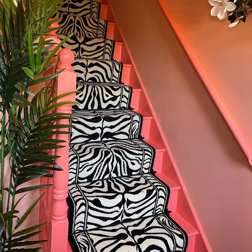 image 1 of KUKOON Black & White Zebra Print Cut to Measure Stair Carpet Runner Rug 60cm Wide 60cm x 600cm