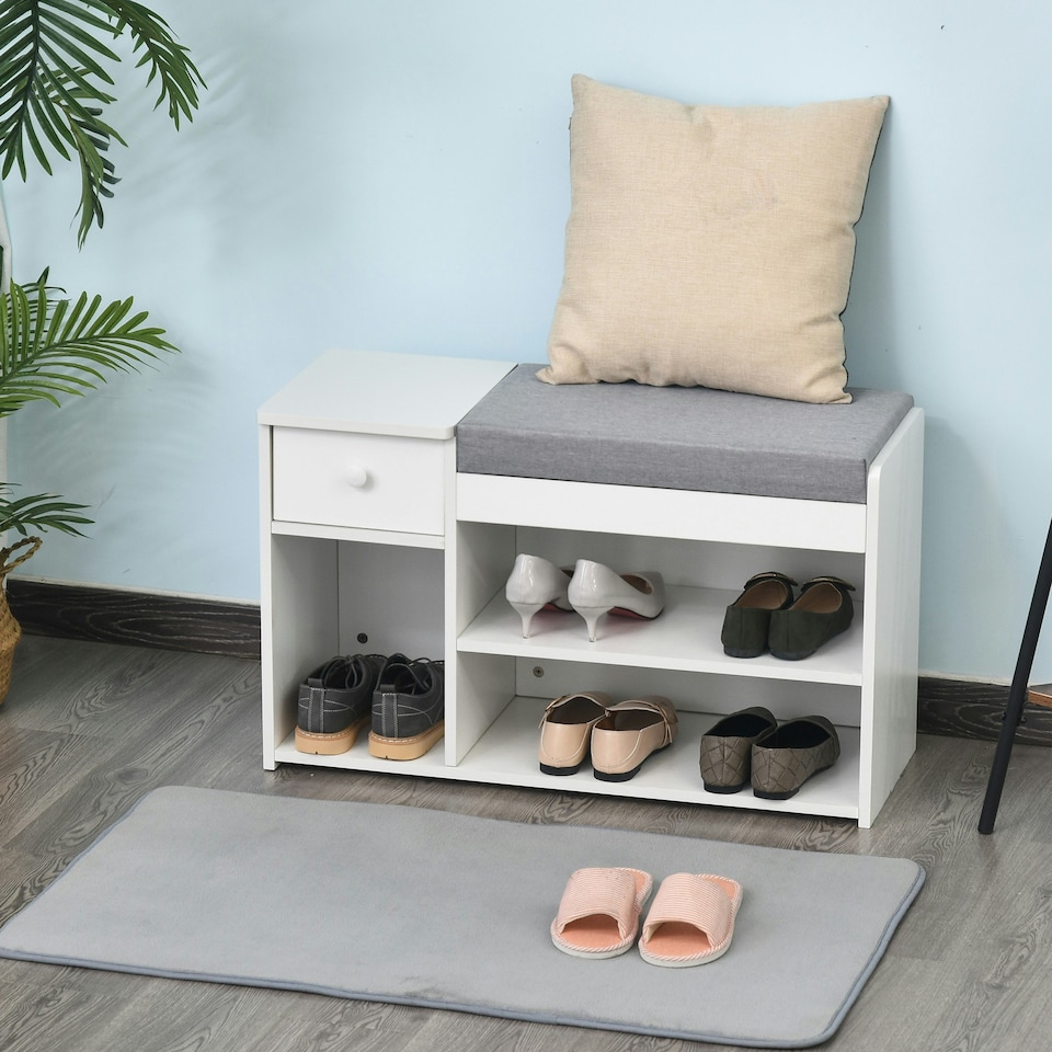 image 1 of HOMCOM Multi-Storage Shoe Bench Drawer 3 Compartments Cushion Home Boots White White