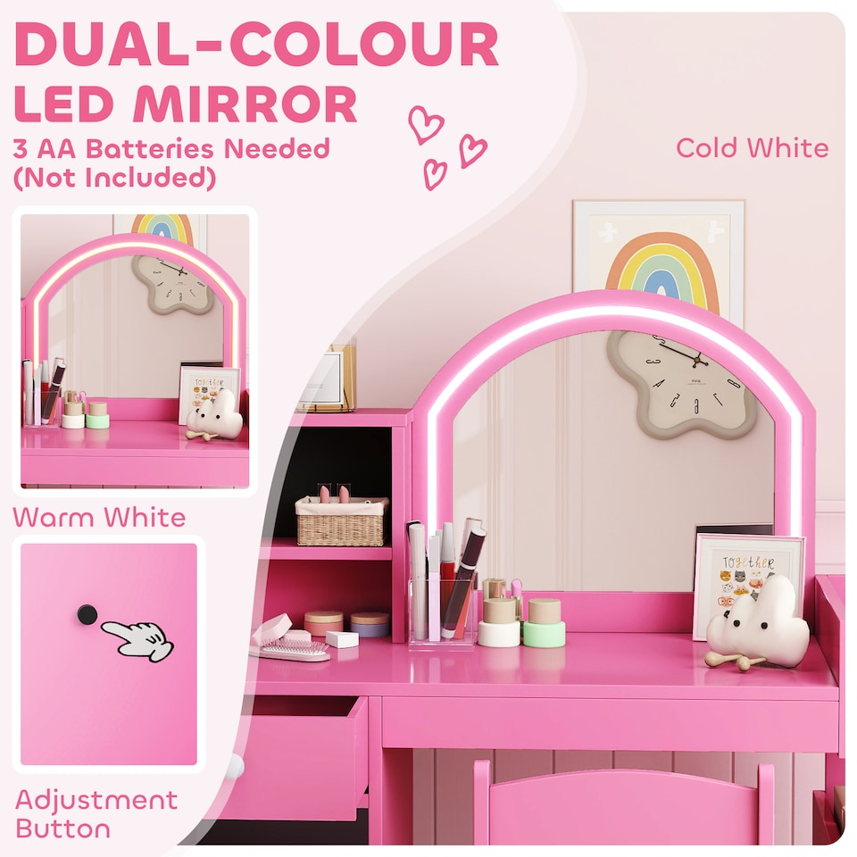 image 1 of AIYAPLAY Kids Vanity Table and Chair Set, Girls Dressing Table with 2-Colour LED Mirror, Stool, Cabinet, Drawer, Bookshelf and Shelves for Ages 3-8 Years | Pink