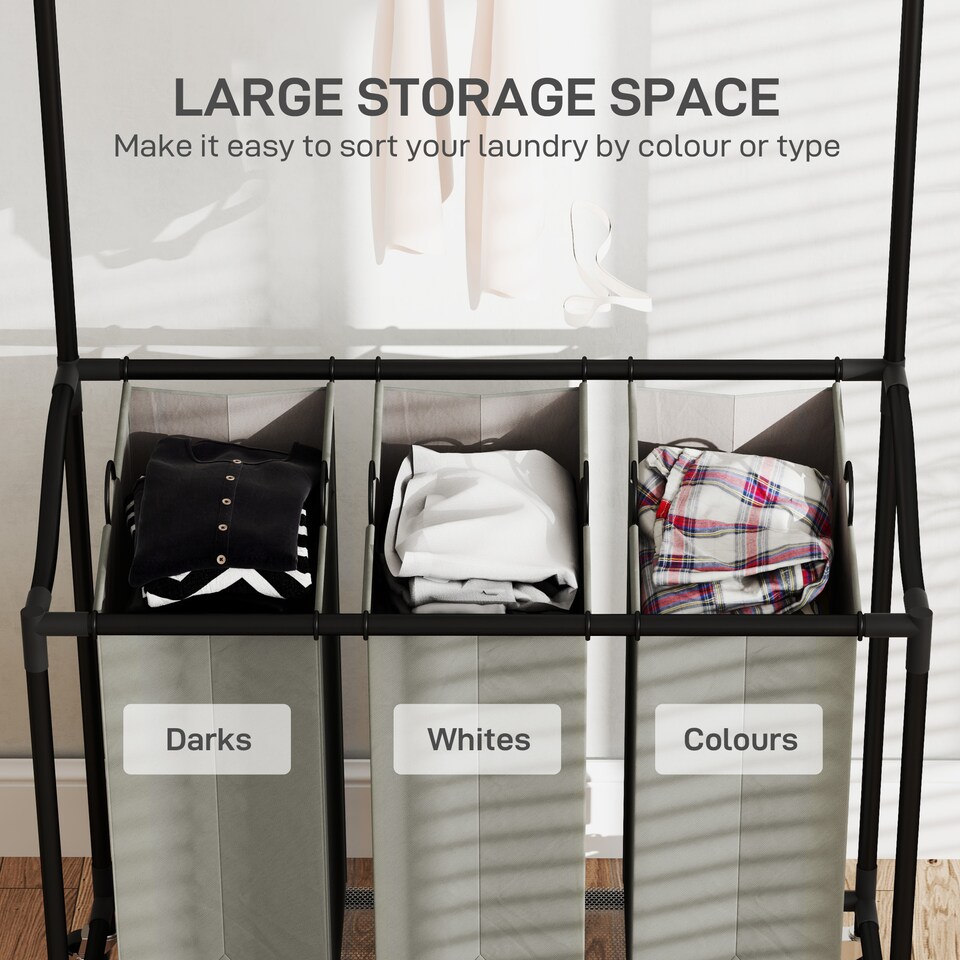 image 1 of HOMCOM 126L Laundry Sorter, Rolling Wash Basket with Hanging Rail and Mobile 3-Bag Organiser for Bedroom, Bathroom, Laundry Room, 88-149.5L x 40W x 167H cm, Dark Grey | Grey