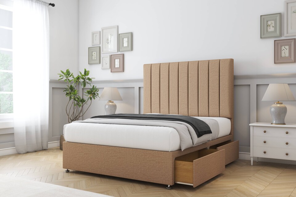image 1 of Sloomy Kansas Latte Dumfries Divan Bed Base 2 Drawers Same Side With 26 Inch Strutted Headboard | Brown | Latte | Small Single | 1