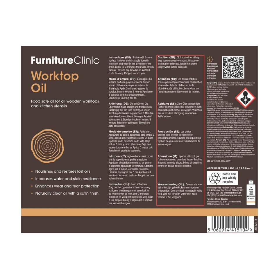 image 1 of Worktop Oil 250ml - Food Safe, Quick Drying Worktop Oil for All Wooden Worktops & Kitchen Utensils