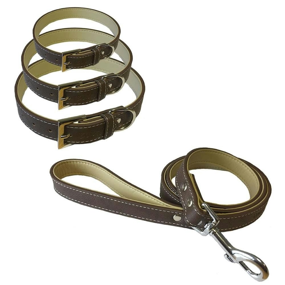 image 1 of Dog Collar & Lead - Leather Style Brown | L