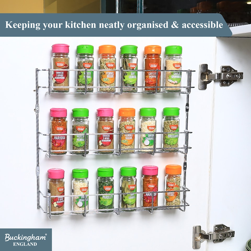image 1 of Buckingham 3-Tier Spice Rack Cupboard Jar & Packet Organizer for Kitchen Storage 38.5 cm | Silver