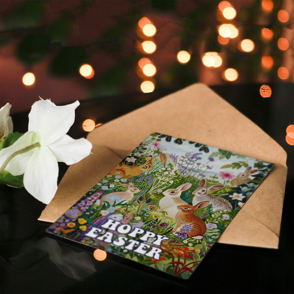 image 1 of Hoppy Cute Bunny Rabbits Flower Meadow Woman Easter Her Card