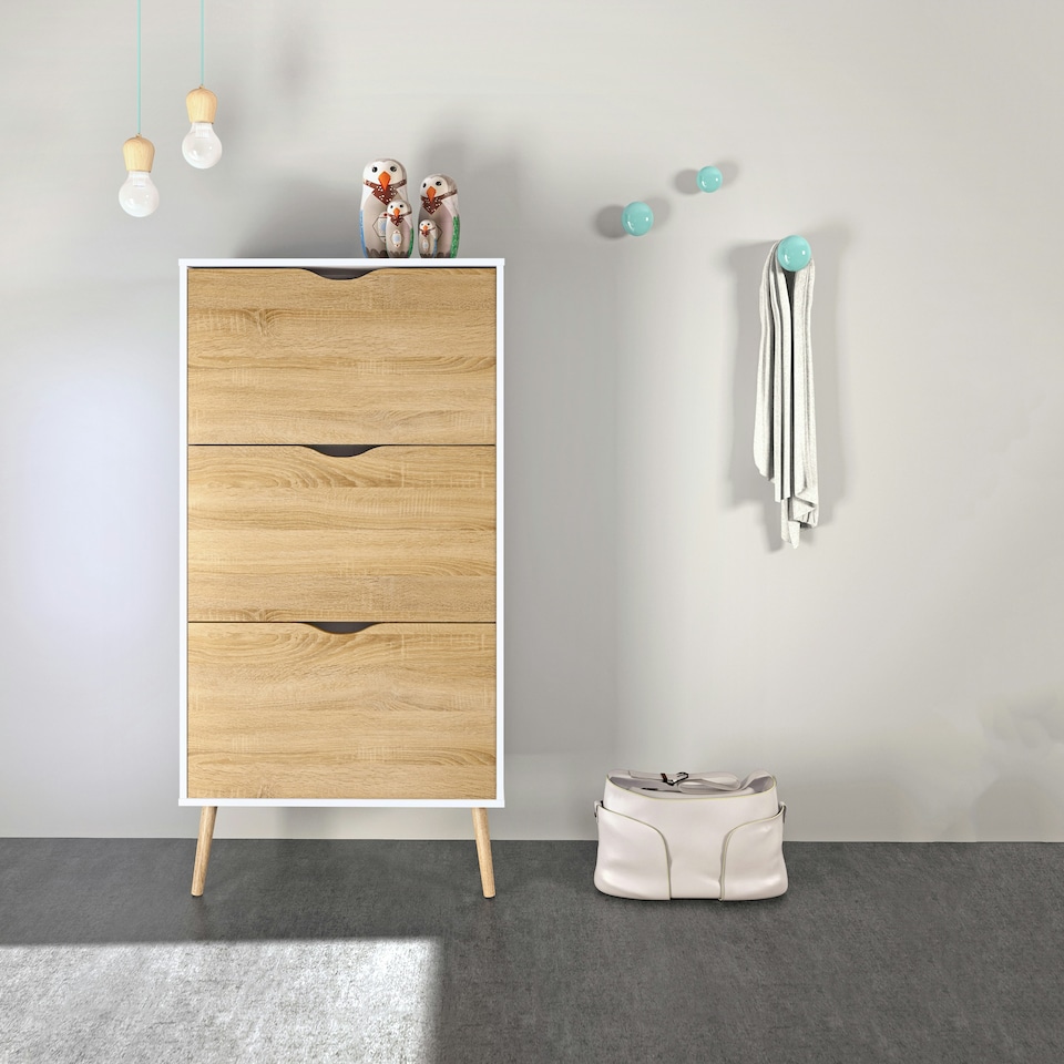 image 1 of Oslo Shoe Cabinet 3 Drawers in White and Oak