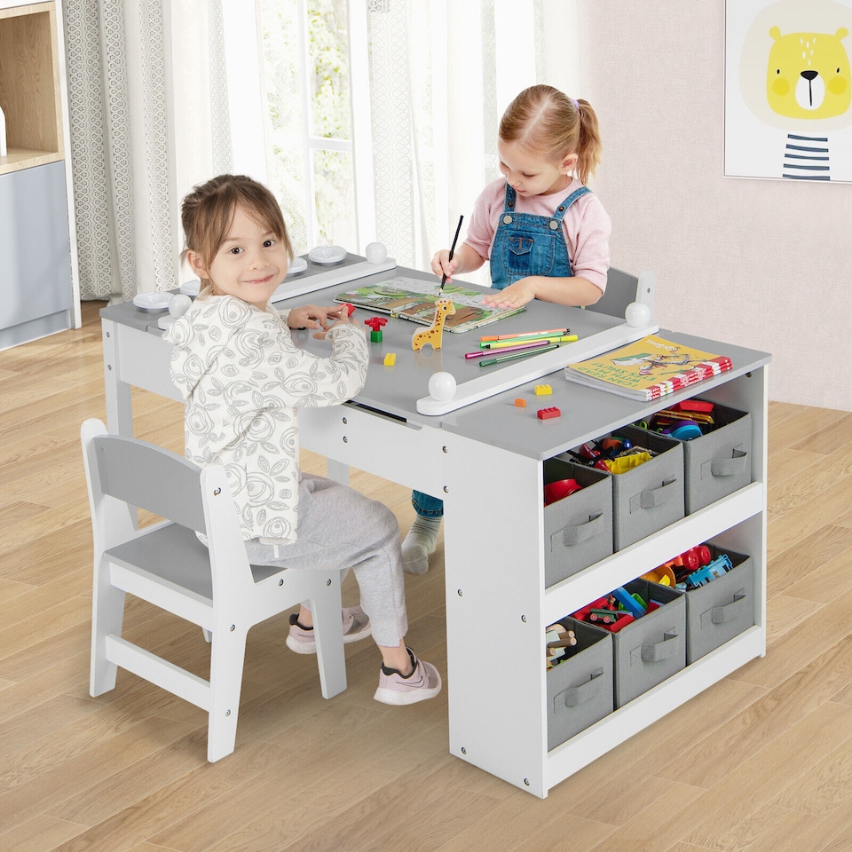 image 1 of COSTWAY 2-in-1 Kids Art Table and Art Easel Set Toddler Play Activity Drawing Desk
