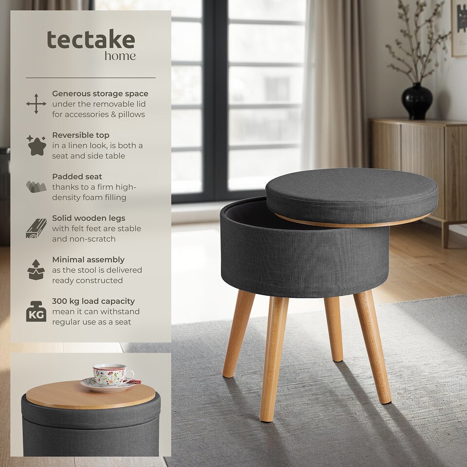 image 1 of Stool Yara - round, padded, with storage space, linen look | Grey | dark grey | 42,50 x 42,50 x 45,50 cm | 1