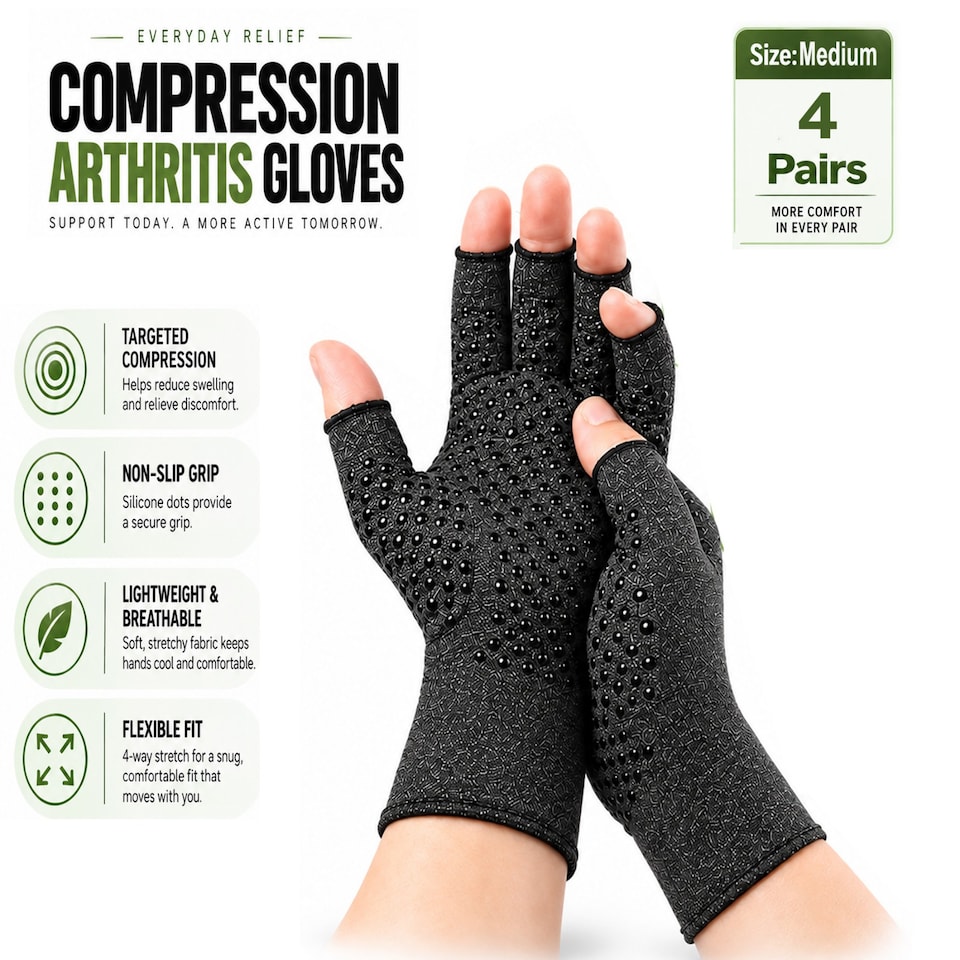 image 1 of Medium Fingerless Compression Gloves 4 Pair for Men & Women, Breathable Stretch Support Gloves for Everyday Wear