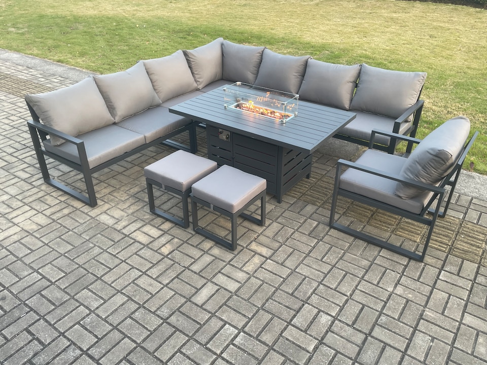 image 1 of Fimous Aluminium 10 Seater Garden Furniture Outdoor Set Patio Lounge Sofa Gas Fire Pit Dining Table Set with Chair 2 Small Footstool Dark Grey