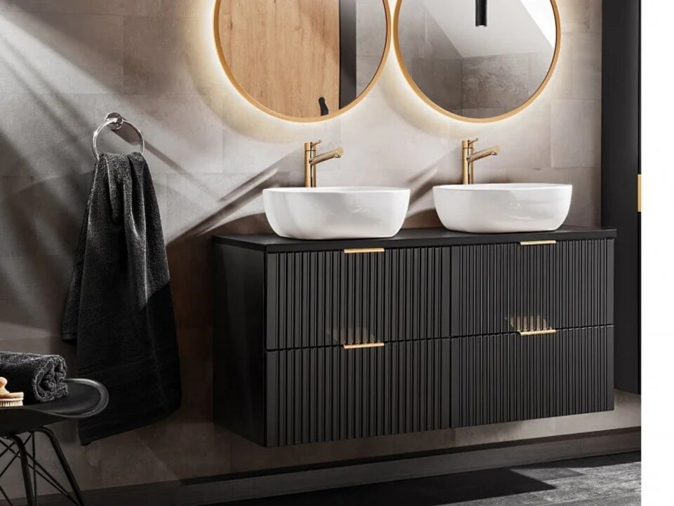 image 1 of Double Sink Bathroom Vanity Unit 1200mm Countertop Ribbed Textured Black Wall Hung Floating - Adel