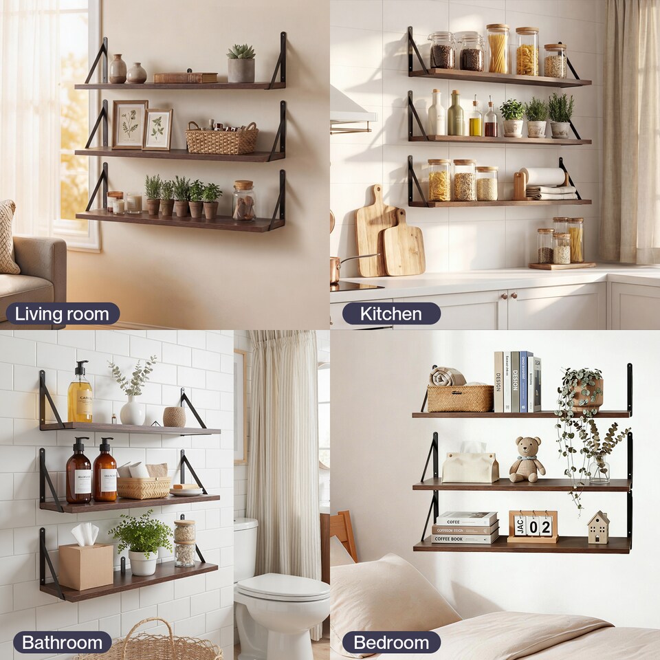 image 1 of Levede Floating Shelves Wall Wood Rustic with Brackets Vintage Brown Set of 3