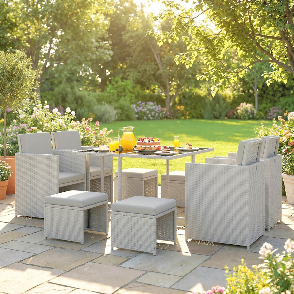 image 1 of Outsunny 8 Seater Cube Rattan Garden Dining Set with Cushions, Light Grey | Grey | Light Grey | One Size