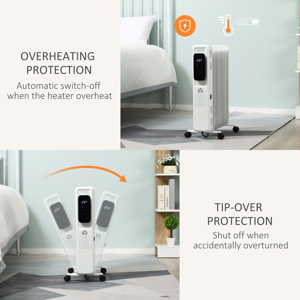 image 1 of HOMCOM 2500W Oil Filled Radiator Heater w/ 3 Heat Settings Remote Control White