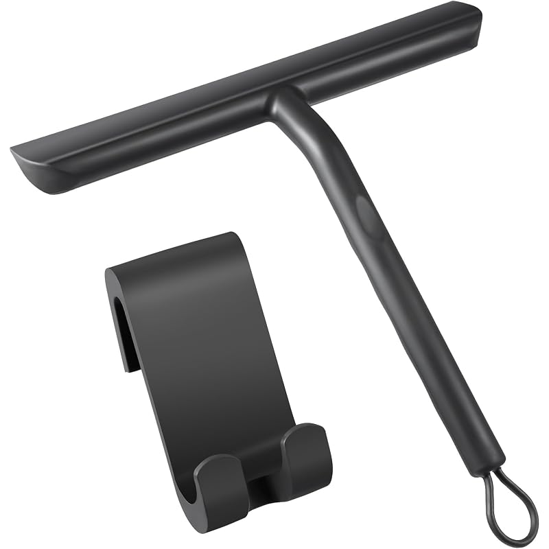 Silicone Squeegee Shower Cleaner with Hook, Black Shower Scraper for Bathroom, Kitchen, Car, Window and Glass Cleaning
