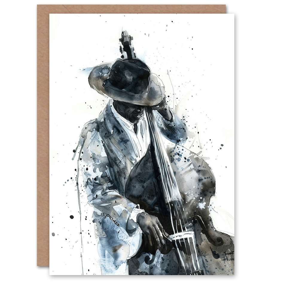image 1 of Jazz Music Double Bass Player Watercolour Him Her Birthday Card