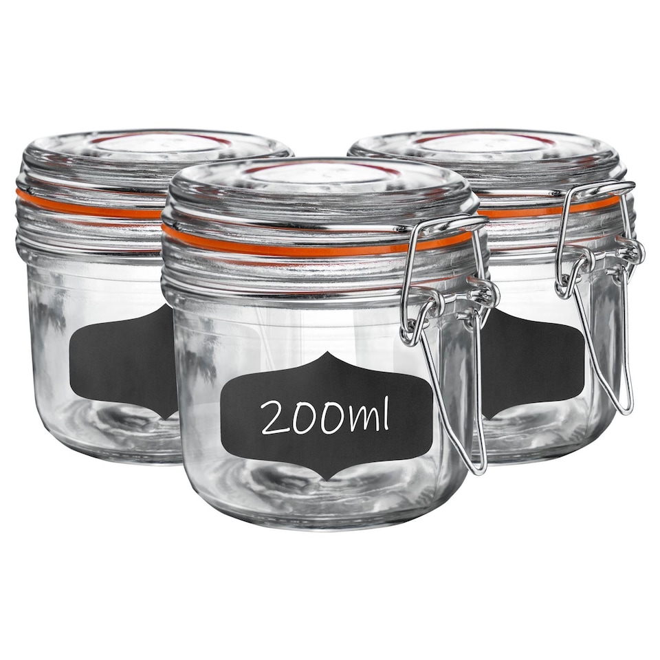 image 1 of Argon Tableware 6x Glass Storage Jar & Labels Set - 200ml - 4 Colour Seals Airtight Kitchen Storage Container Preserving Jar