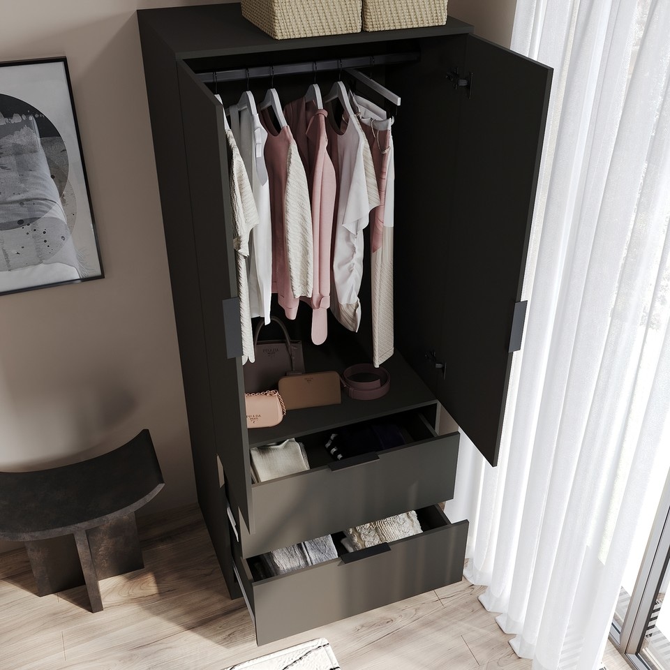image 1 of FUJI 2 Door 2 Drawer Minimalist Bedroom Wardrobe Storage & Hanging Rail 180cm | Multi | Black | 1