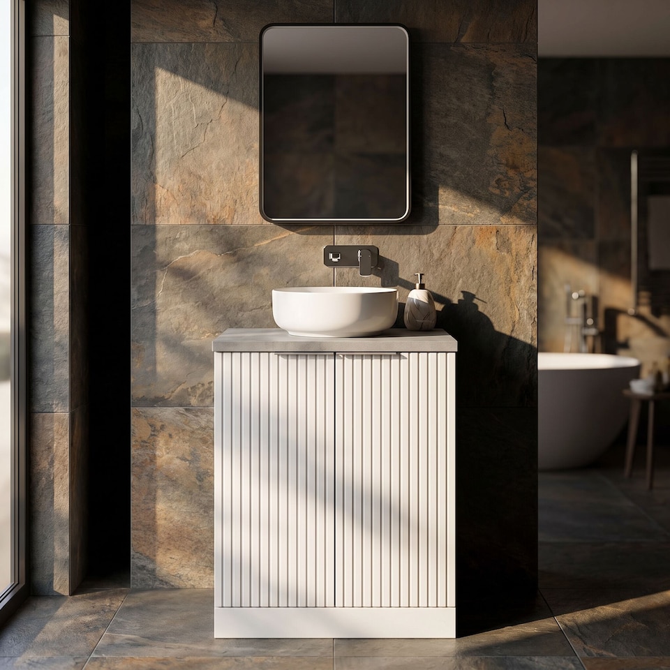 image 1 of Balterley Callingwood Contemporary Floor Standing 2 Door Vanity Unit with Bellato Grey Laminate Worktop , 600mm, Matt White