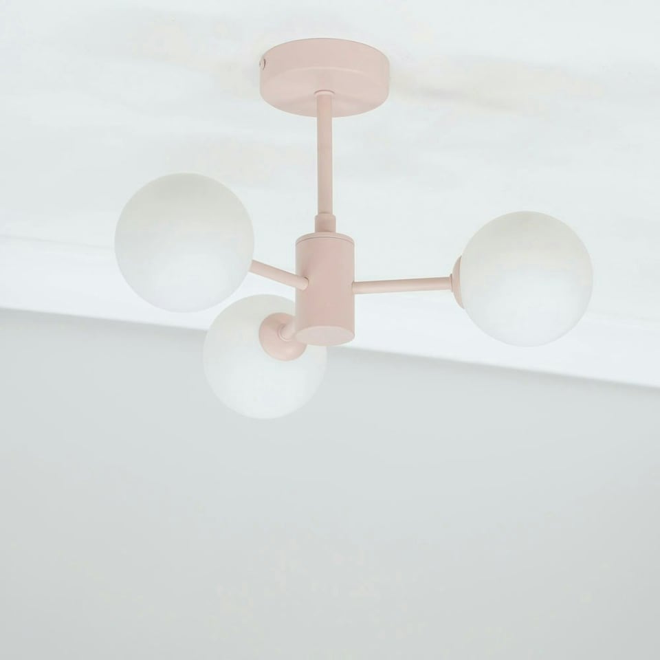 image 1 of ValueLights Marlow Blush Pink Opaque Glass Globe 3 Arm Ceiling Light with LED Bulbs