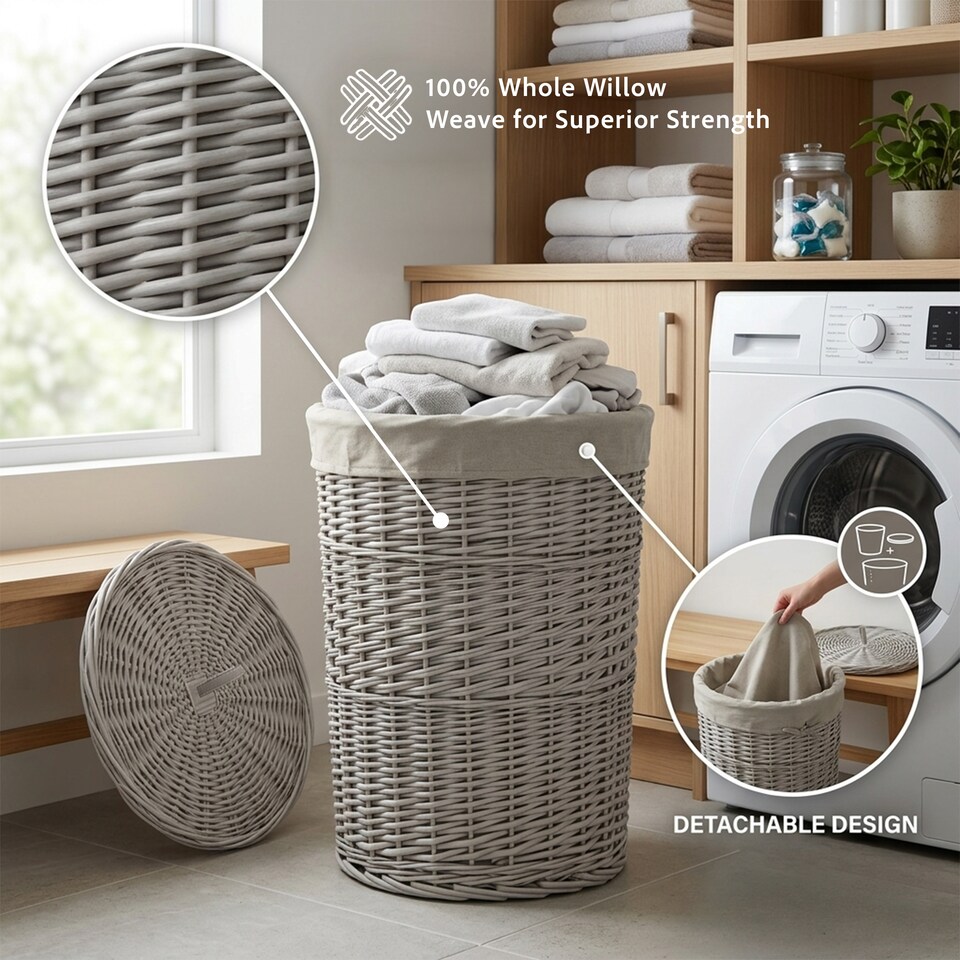 image 1 of Wicker Laundry Hamper Basket, Laundry Basket with Lid, Round Washing Baskets, Wicker Wash Baskets with Lining Bathroom Storage (Grey, Medium)
