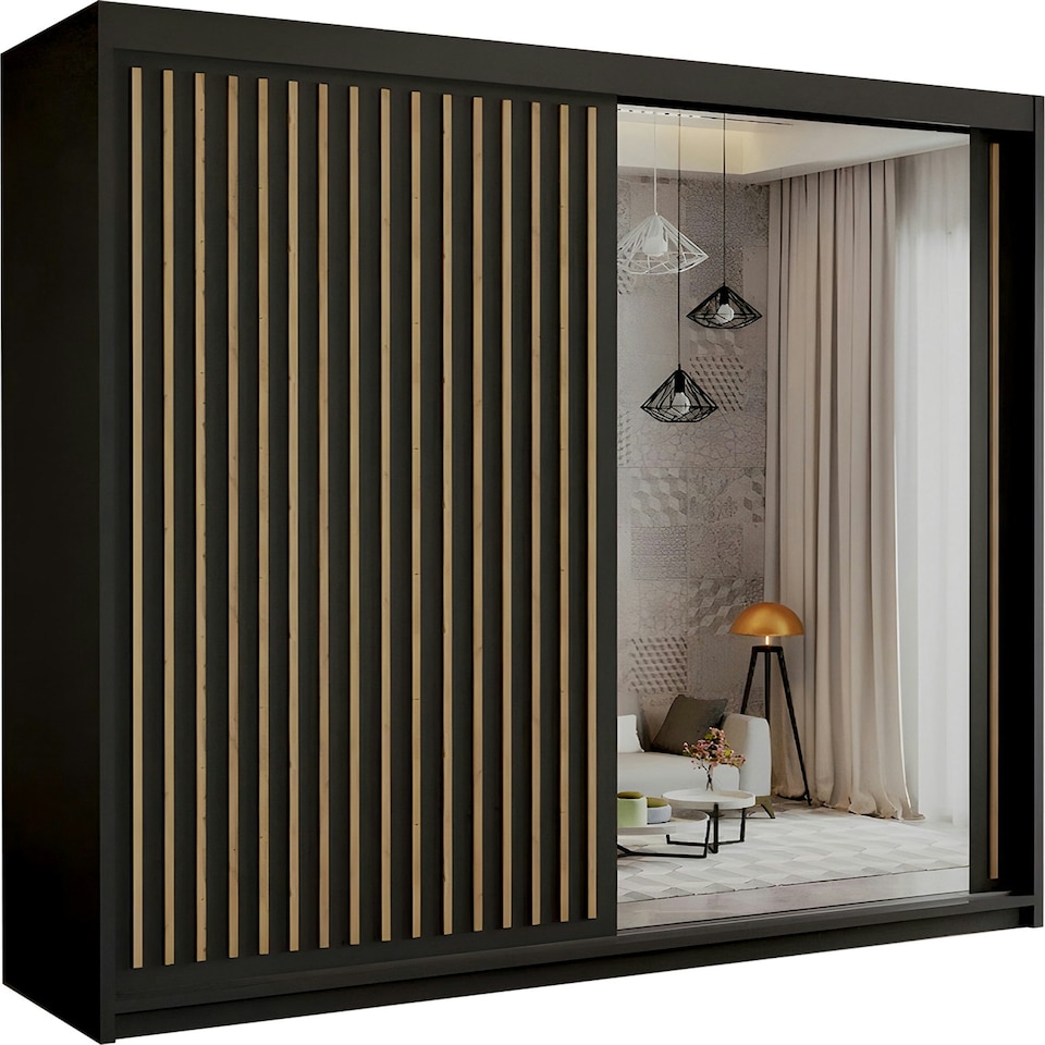 image 1 of Modern Vertical Panelled Sliding Wardrobe 150cm | White/Black/Grey/Oak 2-Door Bedroom Storage Black | Oak150cm