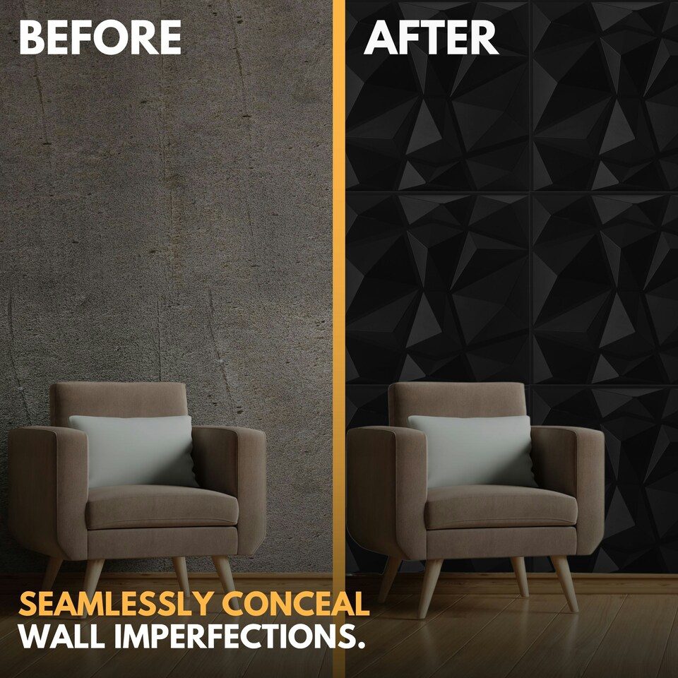 image 1 of NOVECRAFTO Geometric Diamond 3D Wall Panels – 6 Sheets Covering 1.5 sqm (16.15 sqft) – Matte PVC Cladding Panels 50x50cm Diamond Design Black