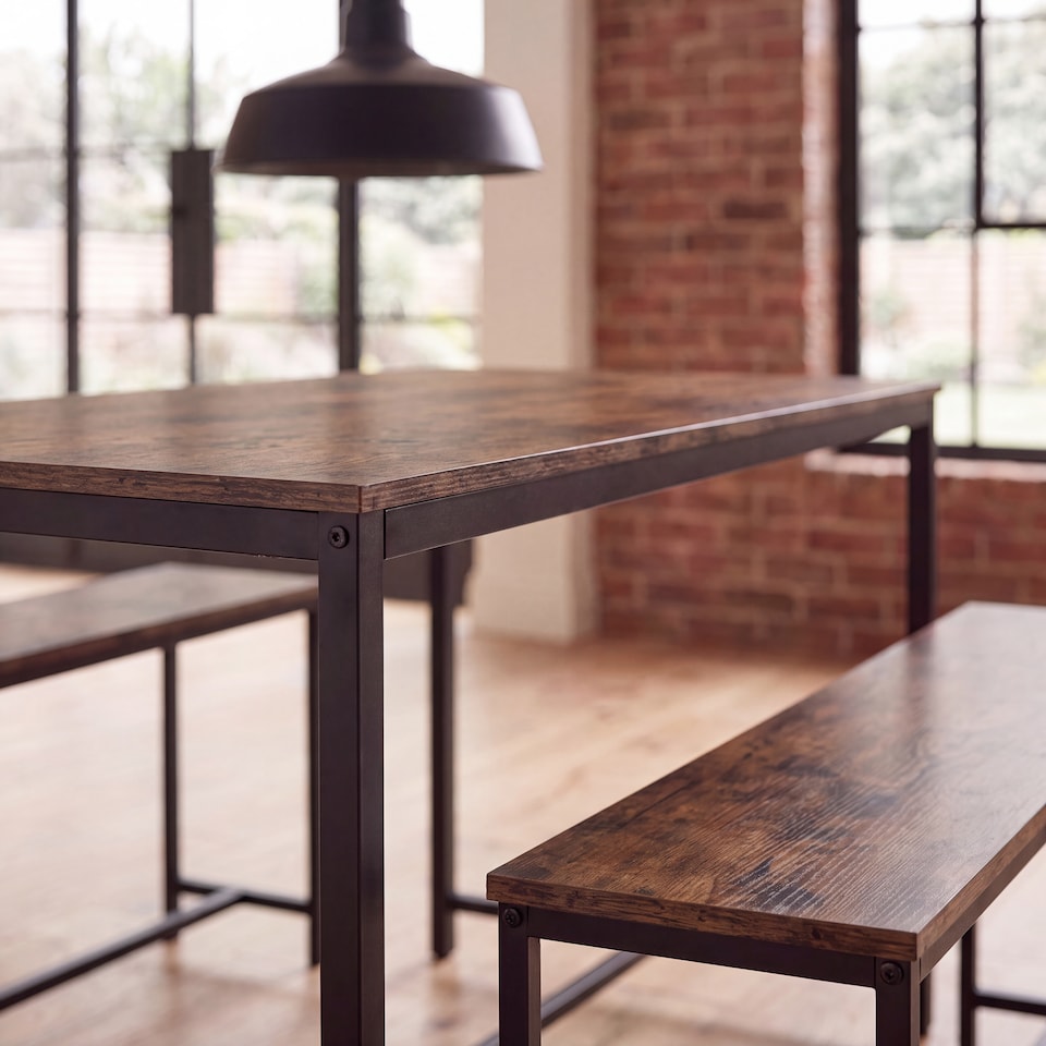 image 1 of Vida Designs Brooklyn 4 Seater Dining Set 3 Piece Table & Bench Set, Dark Wood
