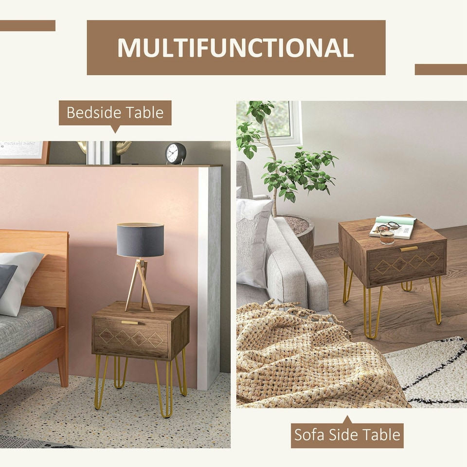 image 1 of HOMCOM Bedside Table with Drawer, Gold Metal Legs for Living Room