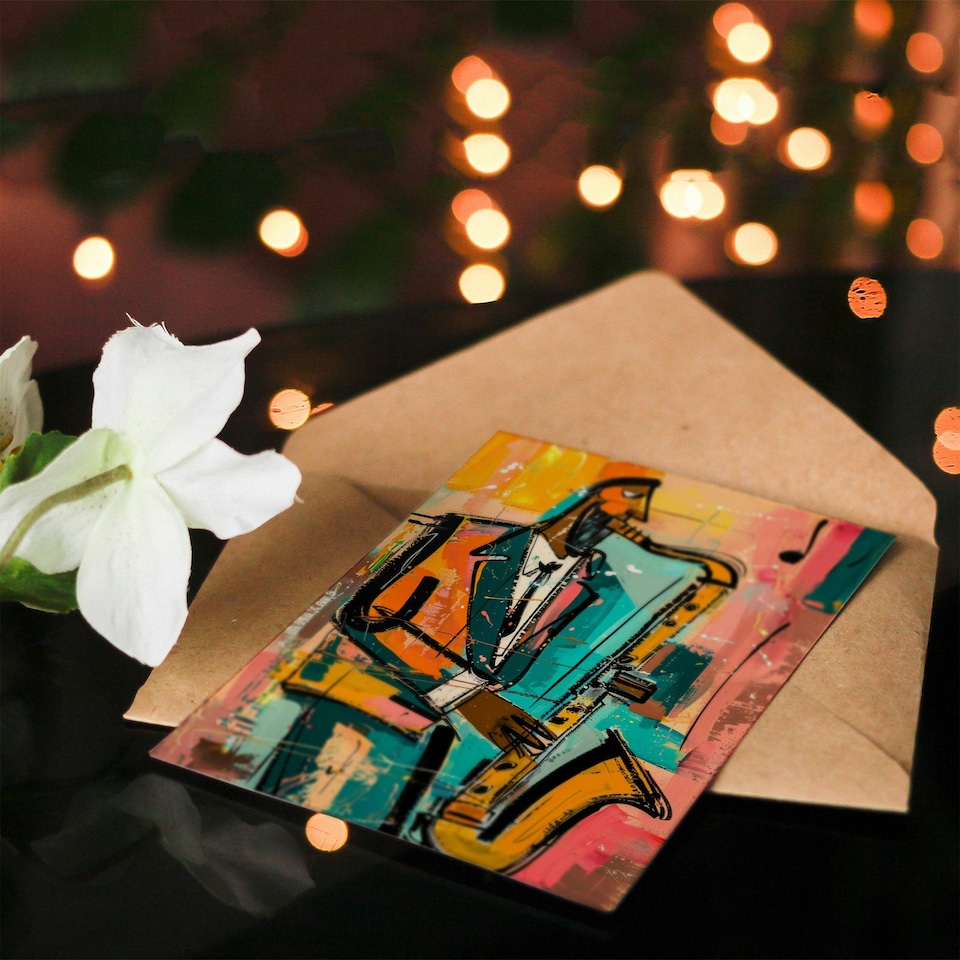 image 1 of Saxophone Player Jazz Music Musician Colourful Abstract Greeting Card