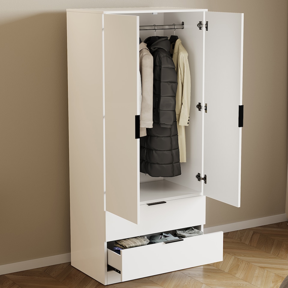 image 1 of Vida Designs Trega 2 Door 2 Drawer Wardrobe Bedroom Storage Unit with Hanging Clothes Rail - White
