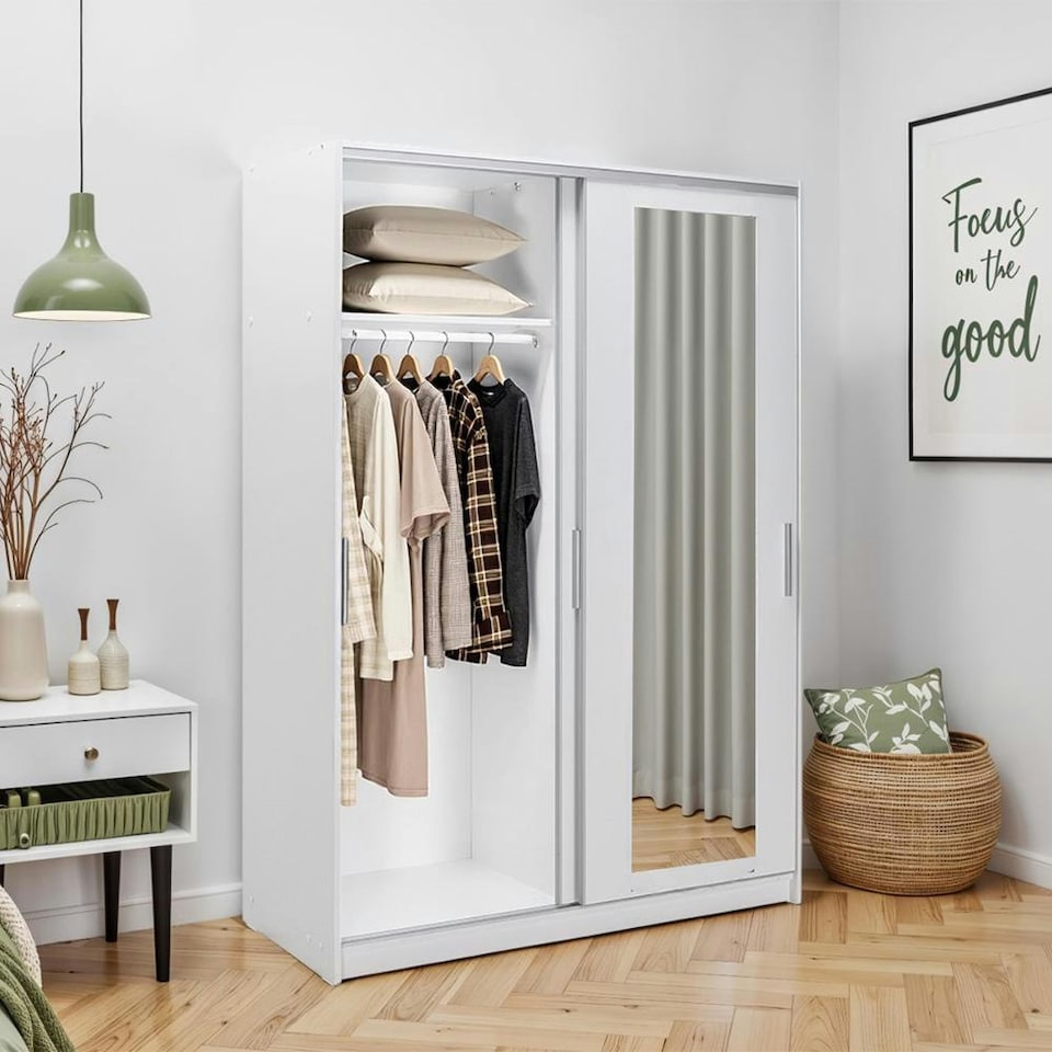 image 1 of Adore Matt White Sliding 2 Door Wardrobe 120cm with Mirror White