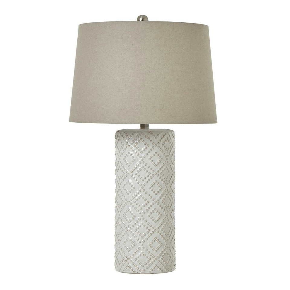 image 1 of Beaded Lamp with Linen Shade - Ceramic - L40 x W40 x H71 cm - White White
