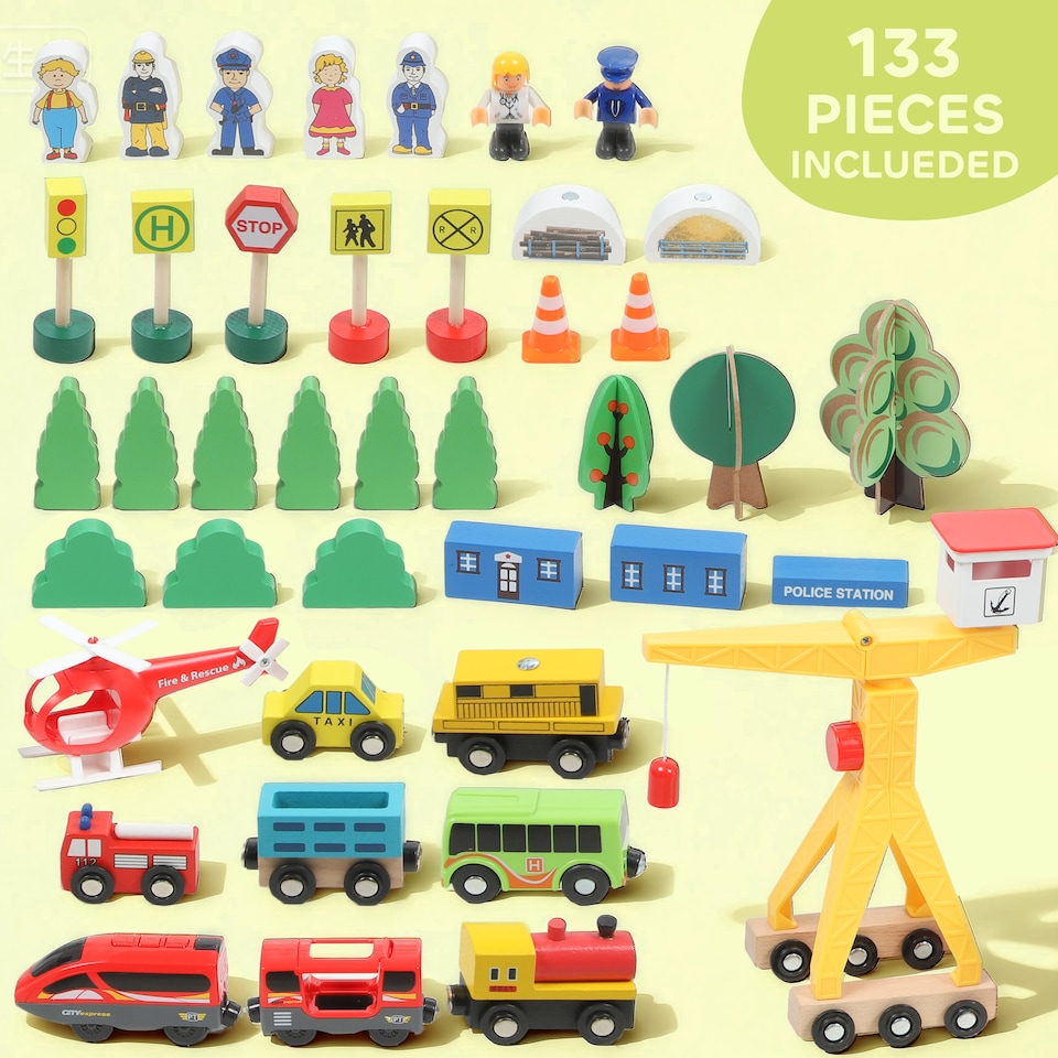 image 1 of AIYAPLAY 133 Piece Wooden Train Set, Toy Train Set with Crane for 3+ Years