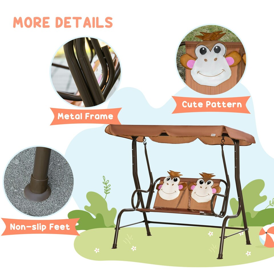 image 1 of Outsunny 2 Seat Kids Canopy Swing Chair w/ Adjustable Awning, Seatbelt - Brown